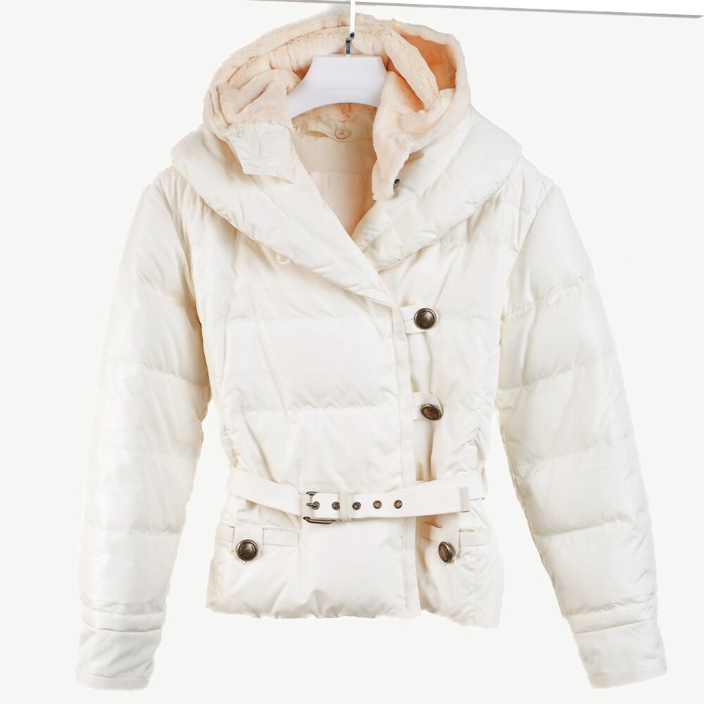 Louis Vuitton Cream Mink-Hood Belted Down Jacket